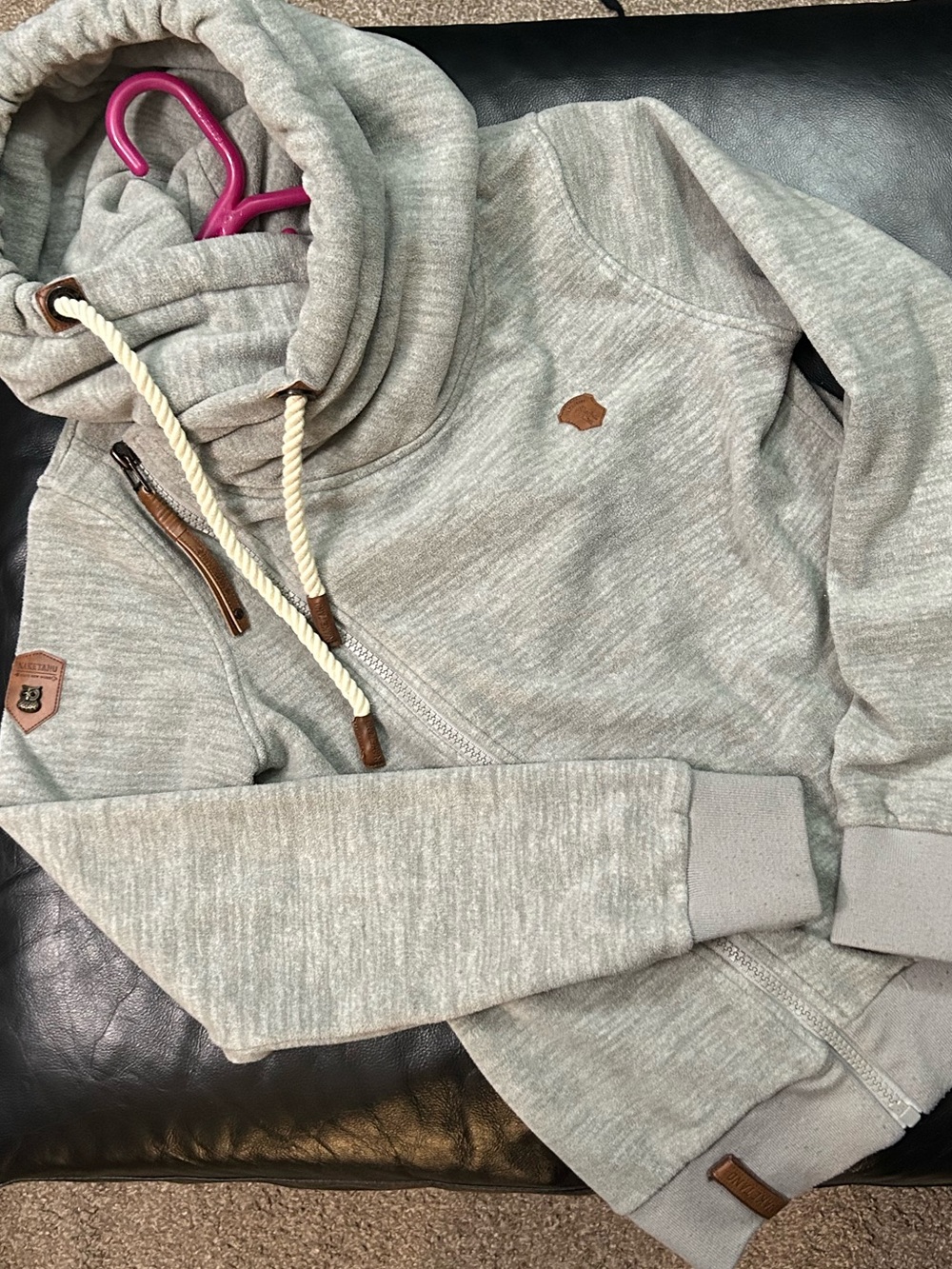 Naketano Heather Gray Fleece Zip-Up Hoodie with Rope Drawcords Large